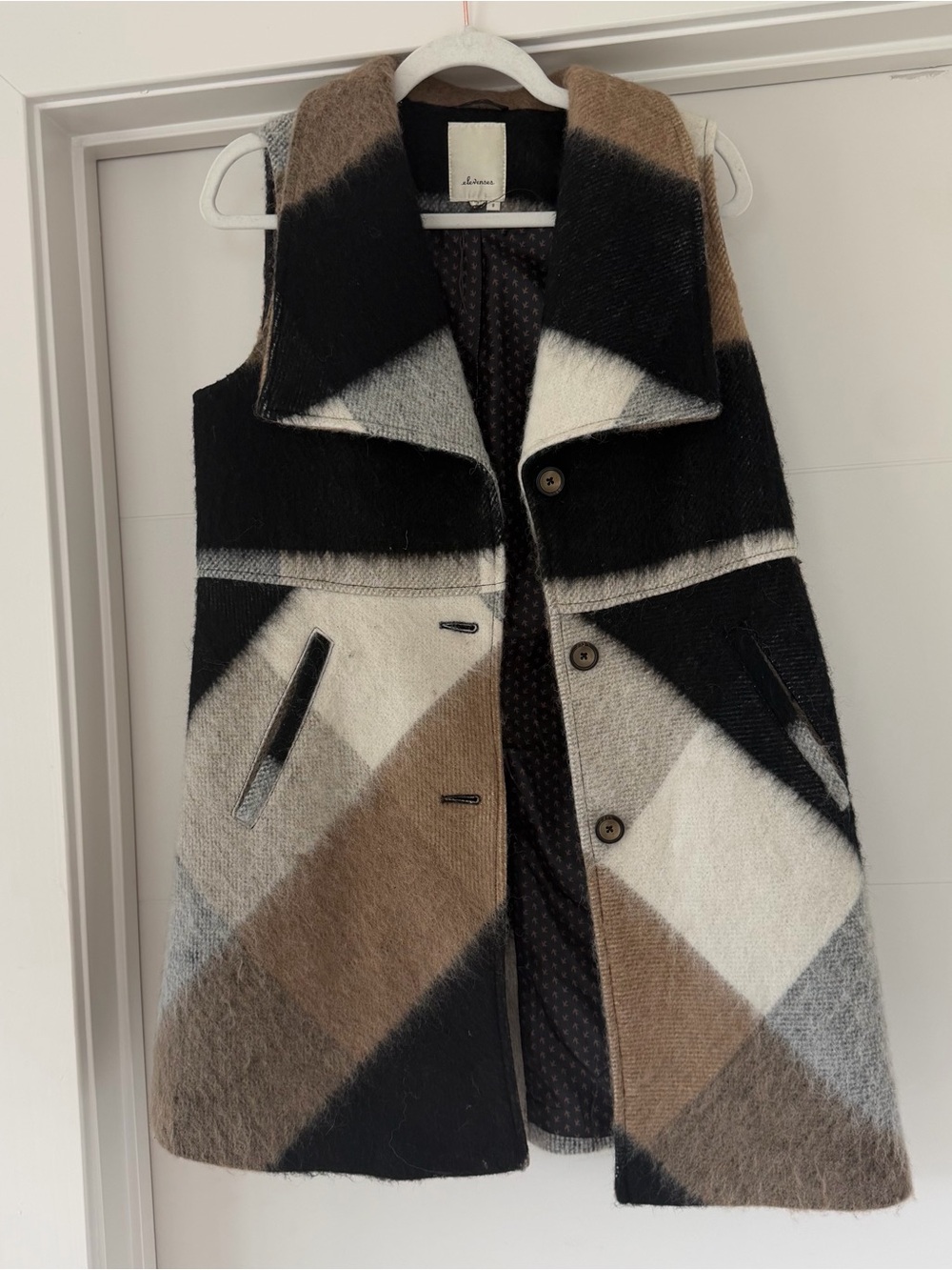 Elevenses Sleeveless Plaid Wool-Blend Coat Vest in Black, Brown & Cream